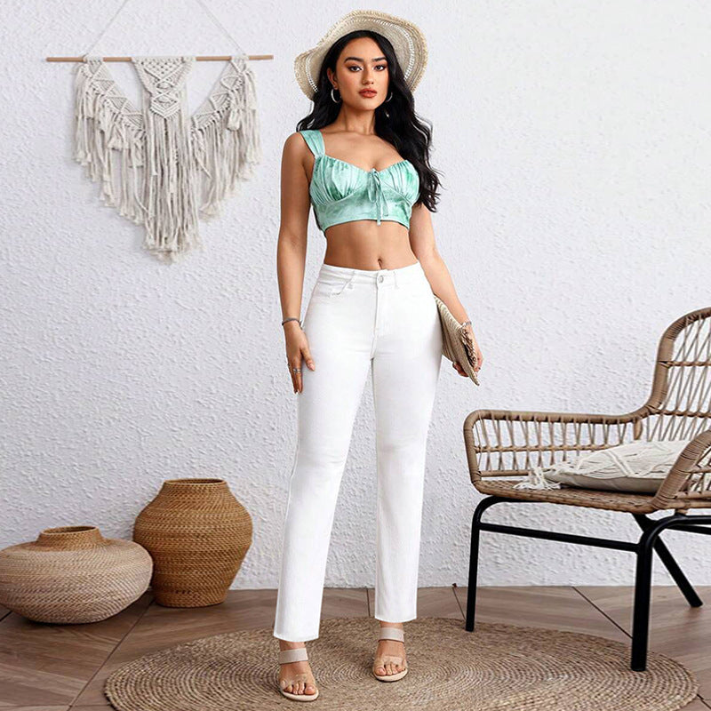 Plus Size White Cropped Straight Jeans With Washed Finish
