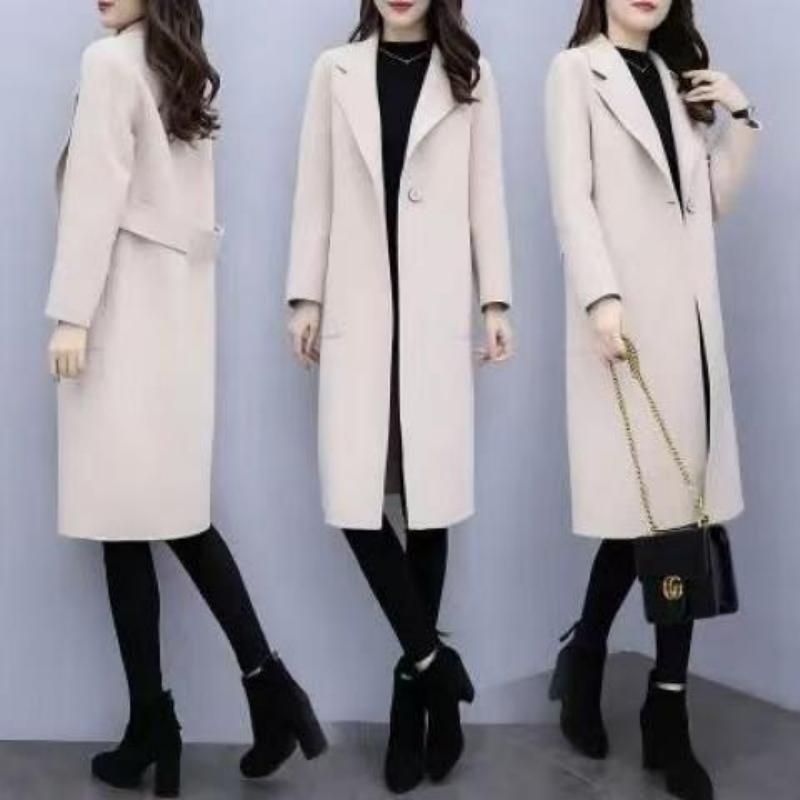 Korean Style Mid Length Wool Blend Coat With Bow Tie Accent