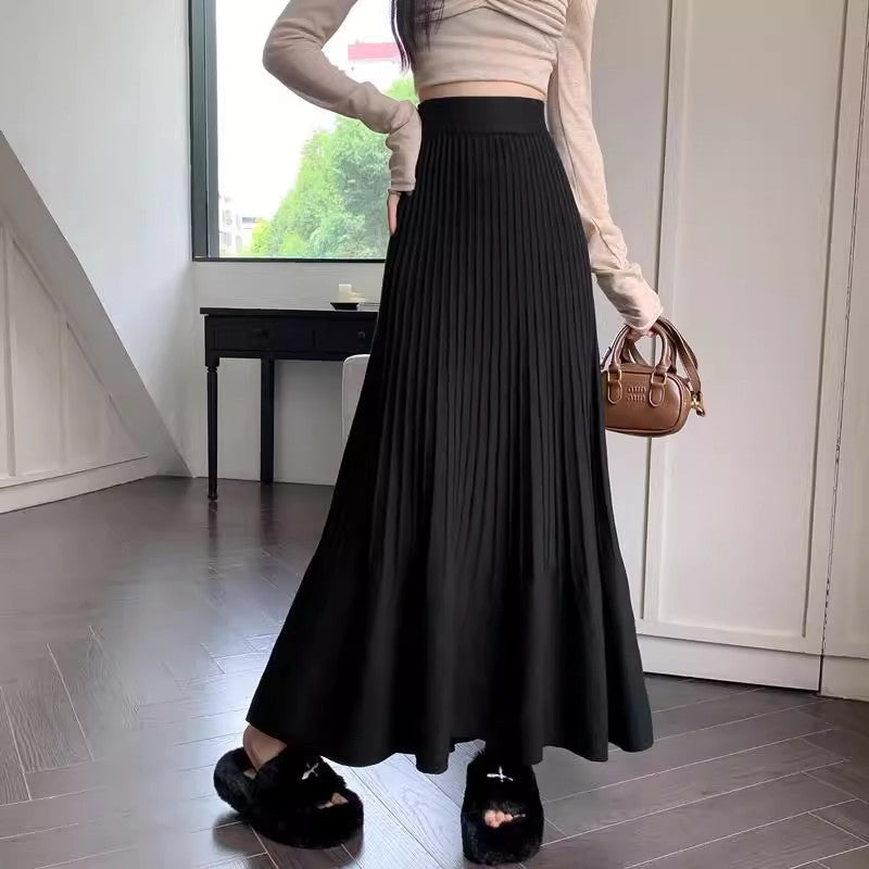 High Waisted Knitted Pleated Midi Skirt For Slimming Fit