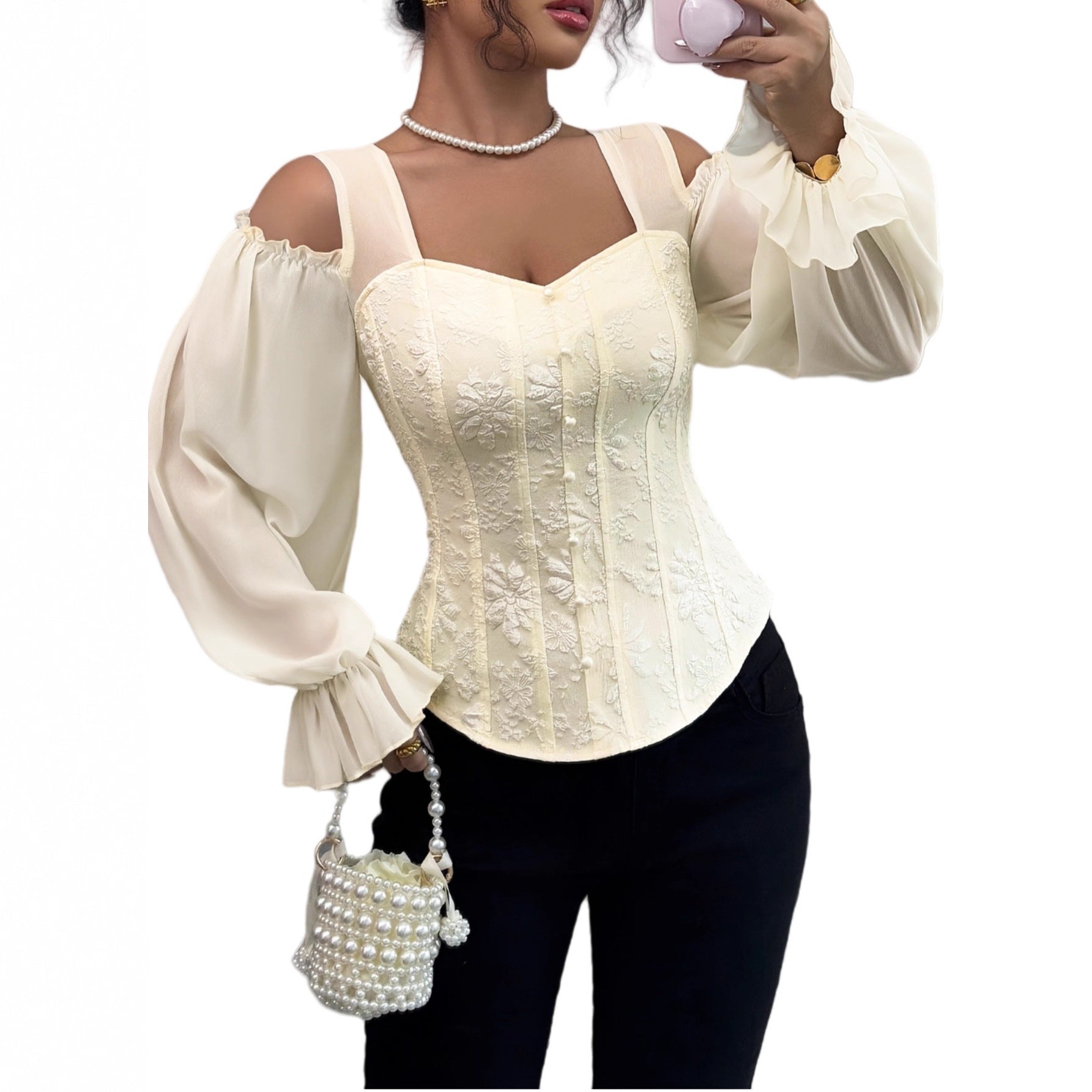 Elegant Off-Shoulder Floral Jacquard Puff-Sleeve Blouse