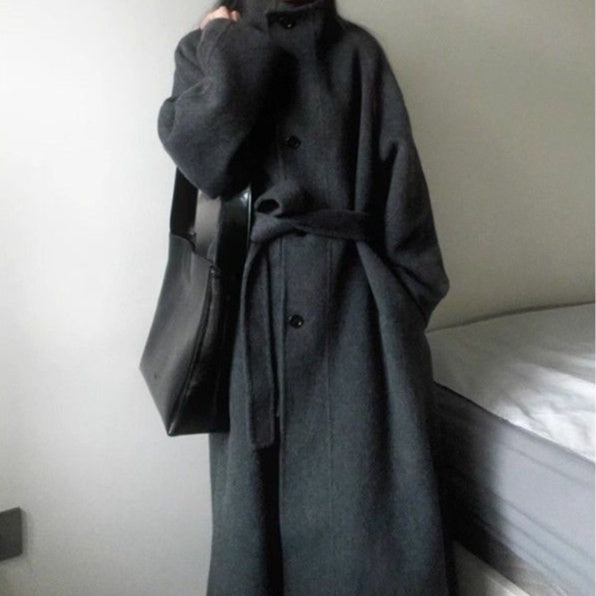 Women's Petite Korean Mid-Length Wool Coat With Belted Waist