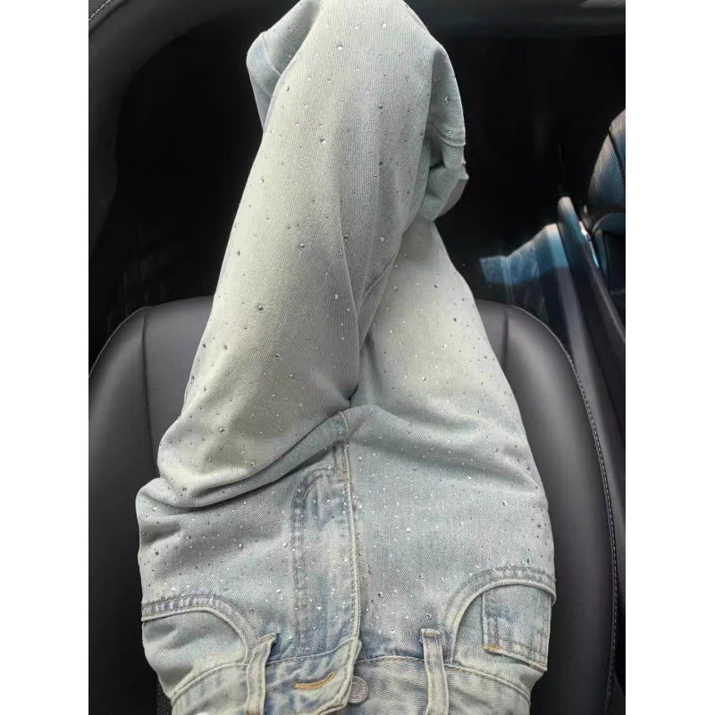 Designer Rhinestone Jeans with Draped Slim Wide-Leg Shape-Theone Apparel