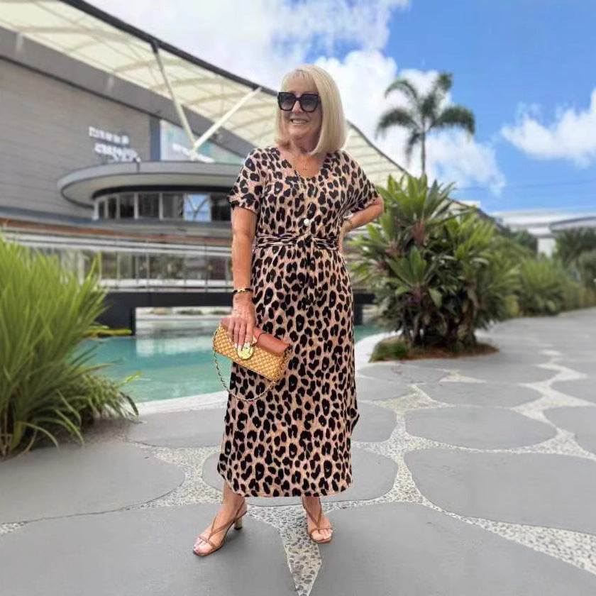 Leopard Print Short-Sleeve V-Neck Dress for Wild Charm-Theone Apparel