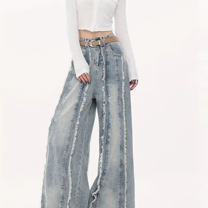 Raw Edge Wide-Leg Jeans with Loose Straight Floor-Length Fit-Theone Apparel