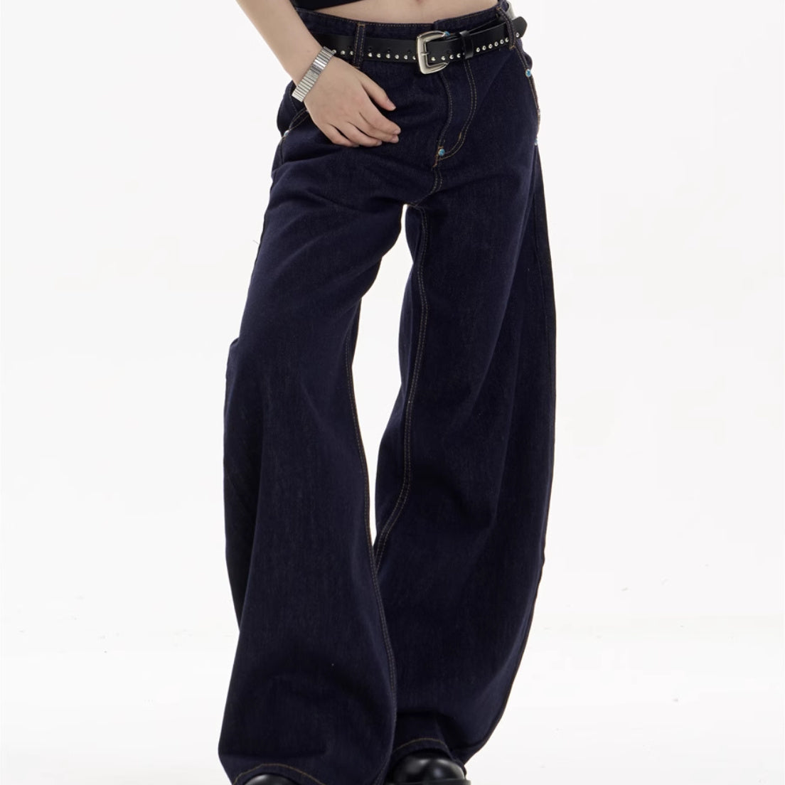Retro Dark Blue Straight Jeans with Loose Wide-Leg Fit-Theone Apparel