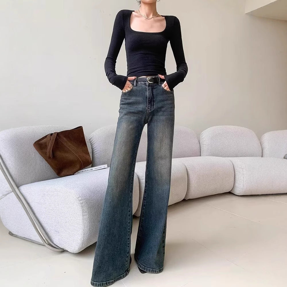 Retro Washed Blue Micro-Pull Mop Jeans for Casual Flair-Theone Apparel