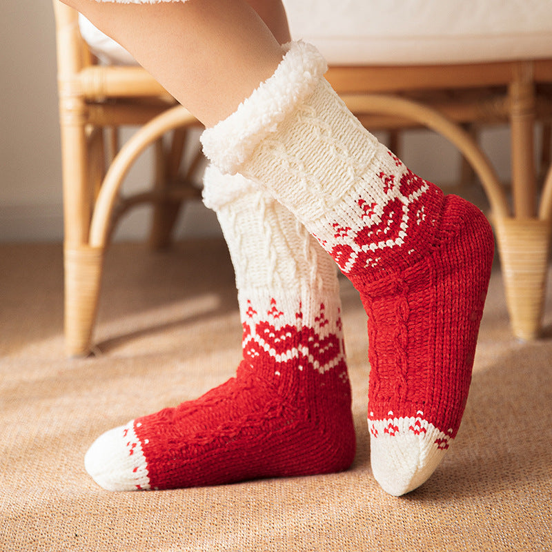 Soft Knit Style Christmas Wintry Design Thick Socks in Red or Gray-Red-Theone Apparel