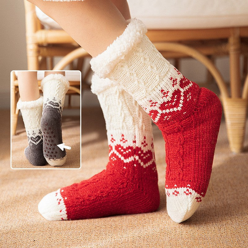 Soft Knit Style Christmas Wintry Design Thick Socks in Red or Gray-Theone Apparel