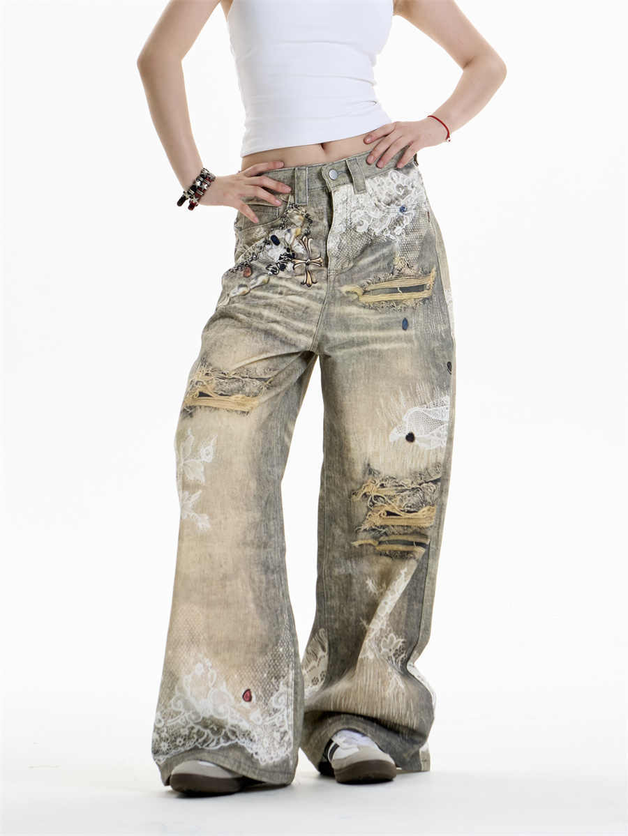Statement Cross-Print Wide-Leg Jeans with Graphic Appeal-Theone Apparel