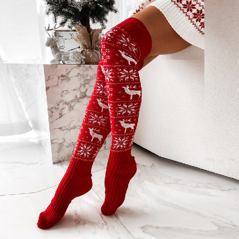 Thigh High Christmas Themed Knit Style Socks in Red and White-Red-Theone Apparel