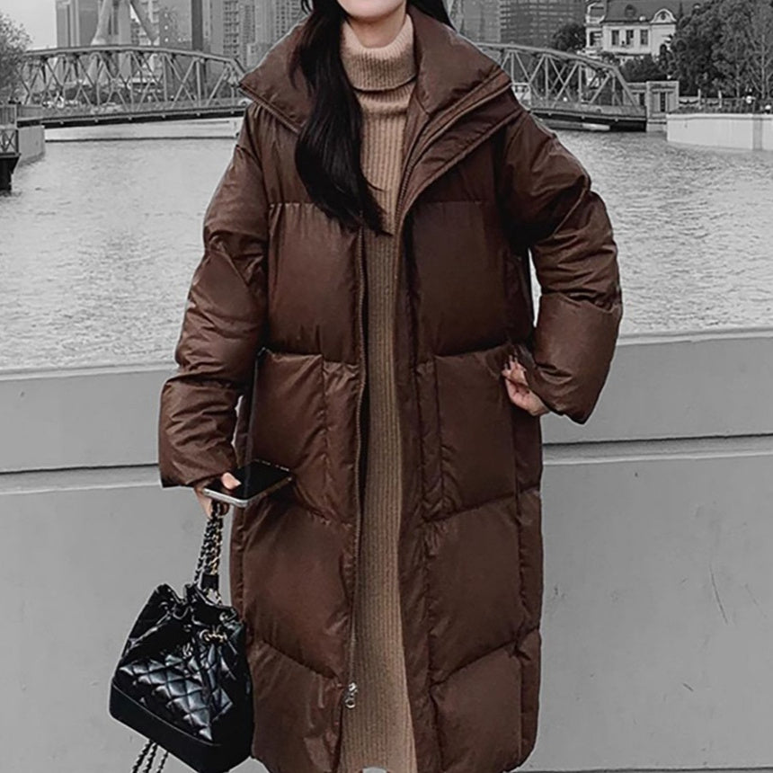 Coffee Brown Mid-Length Padded Puffer Jacket With Zipper