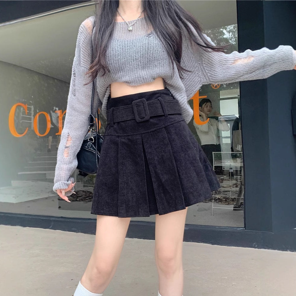 Anti Exposure Figure Flattering High Waisted Pleated Corduroy Skirt