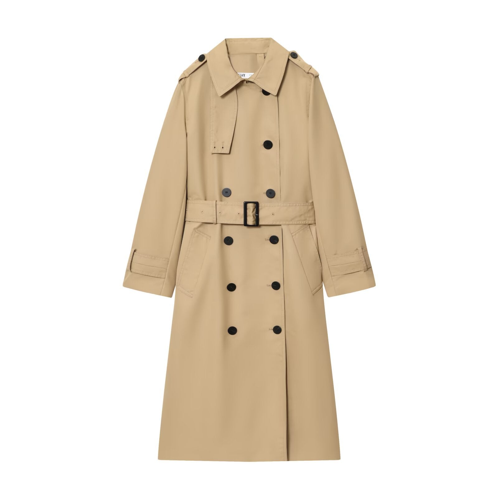 Long Double-Breasted Trench Coat With Drawstring Waist Detail For Commuting