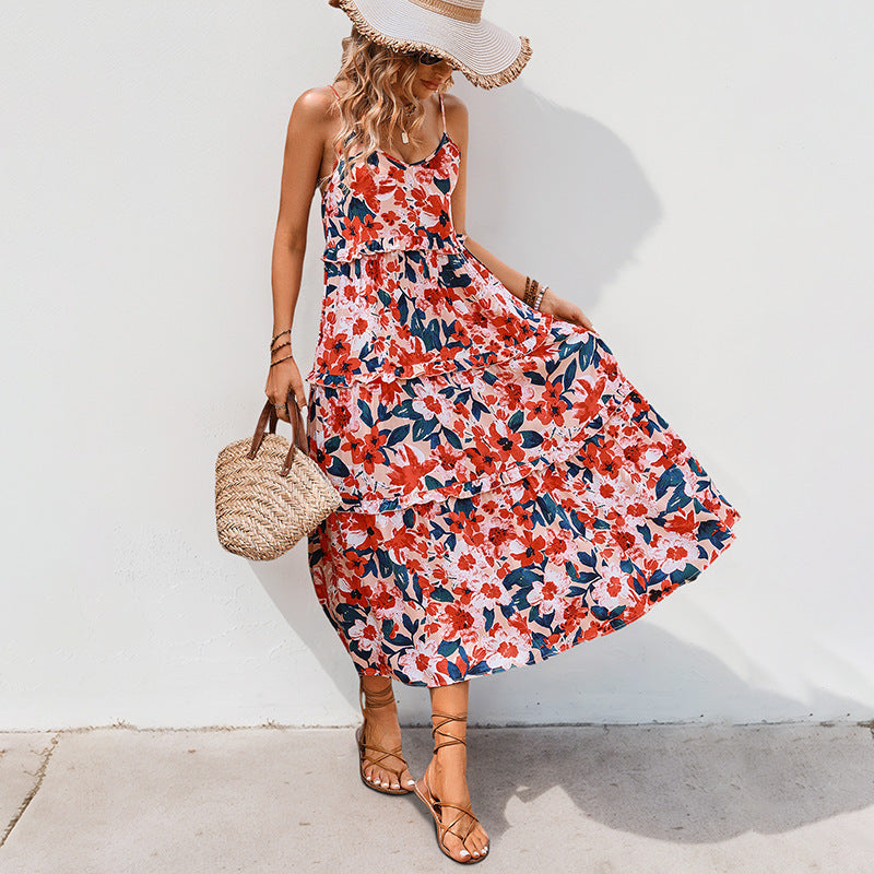 Vestido de balanço floral arejado com tiras de espaguete para férias