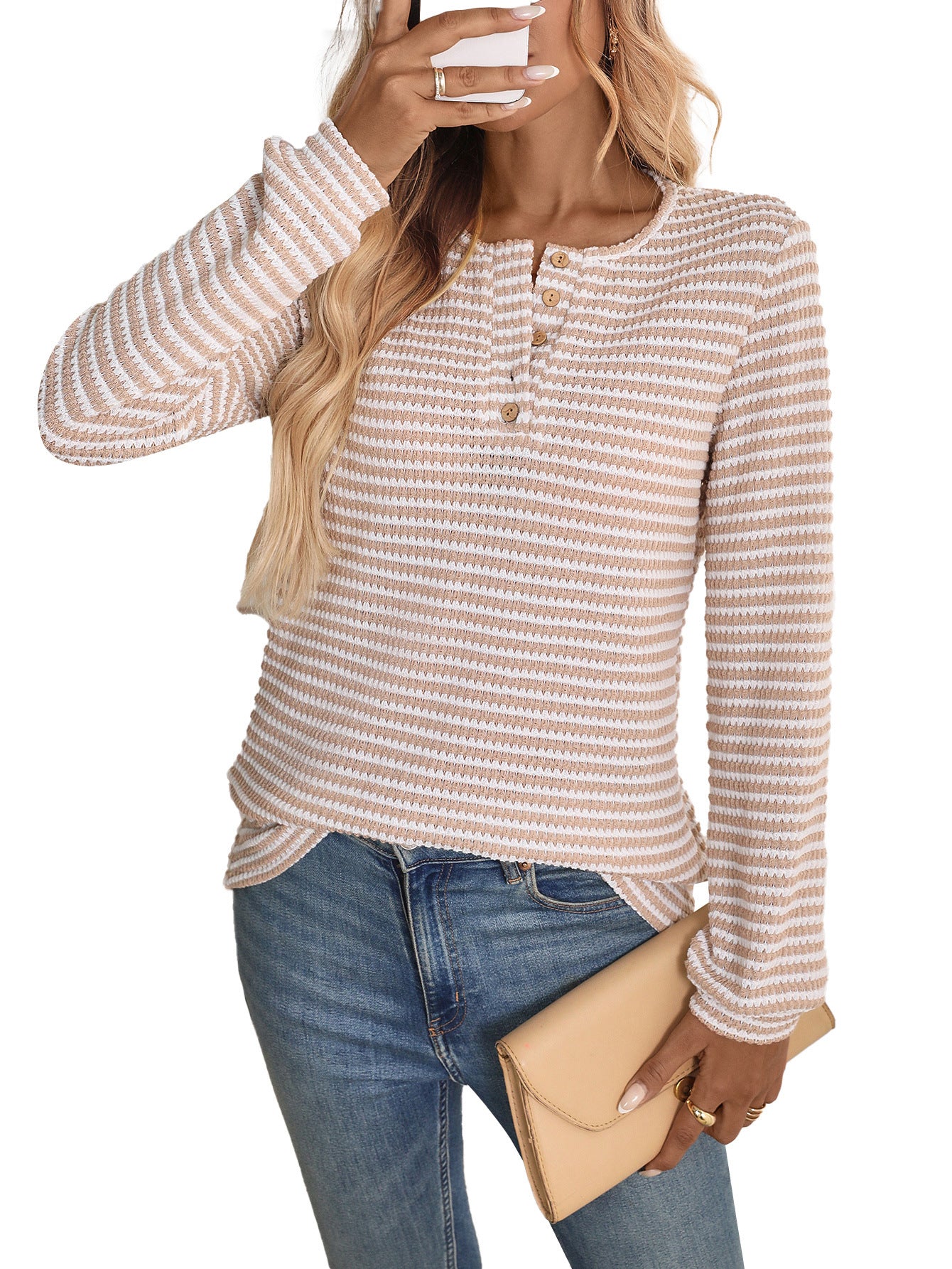 Pineapple Grid Knit Long Sleeve Round Neck T-Shirt For Women