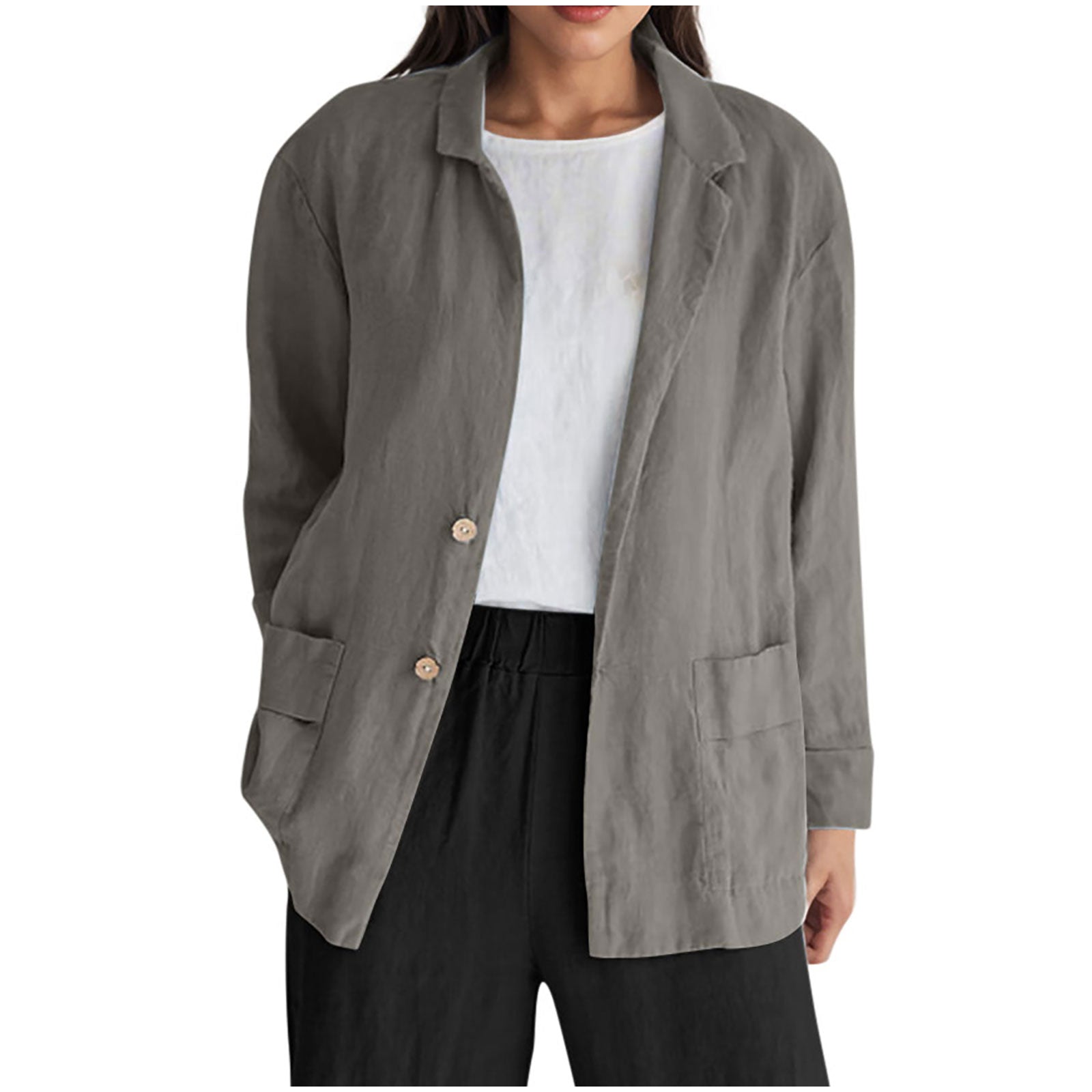 Loose-fit Solid-color Long-sleeve Cotton-linen Coat With Buttons For Women