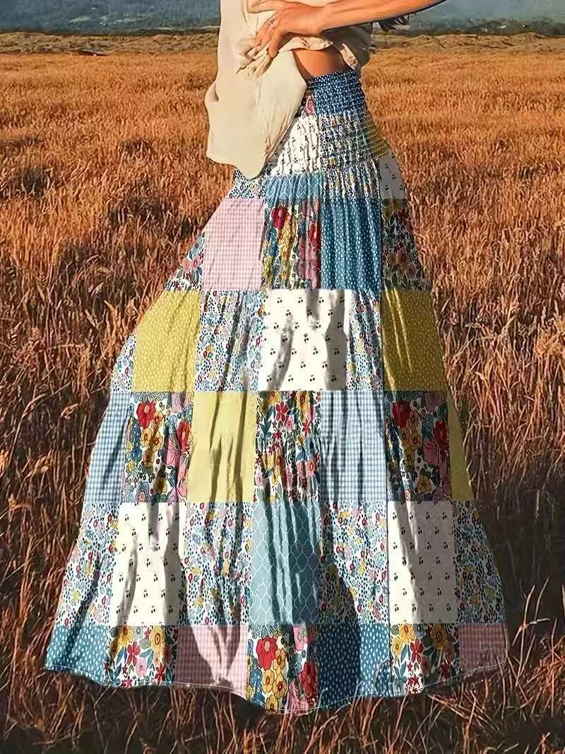 Falda larga floral de costura impresa para ropa popular diaria