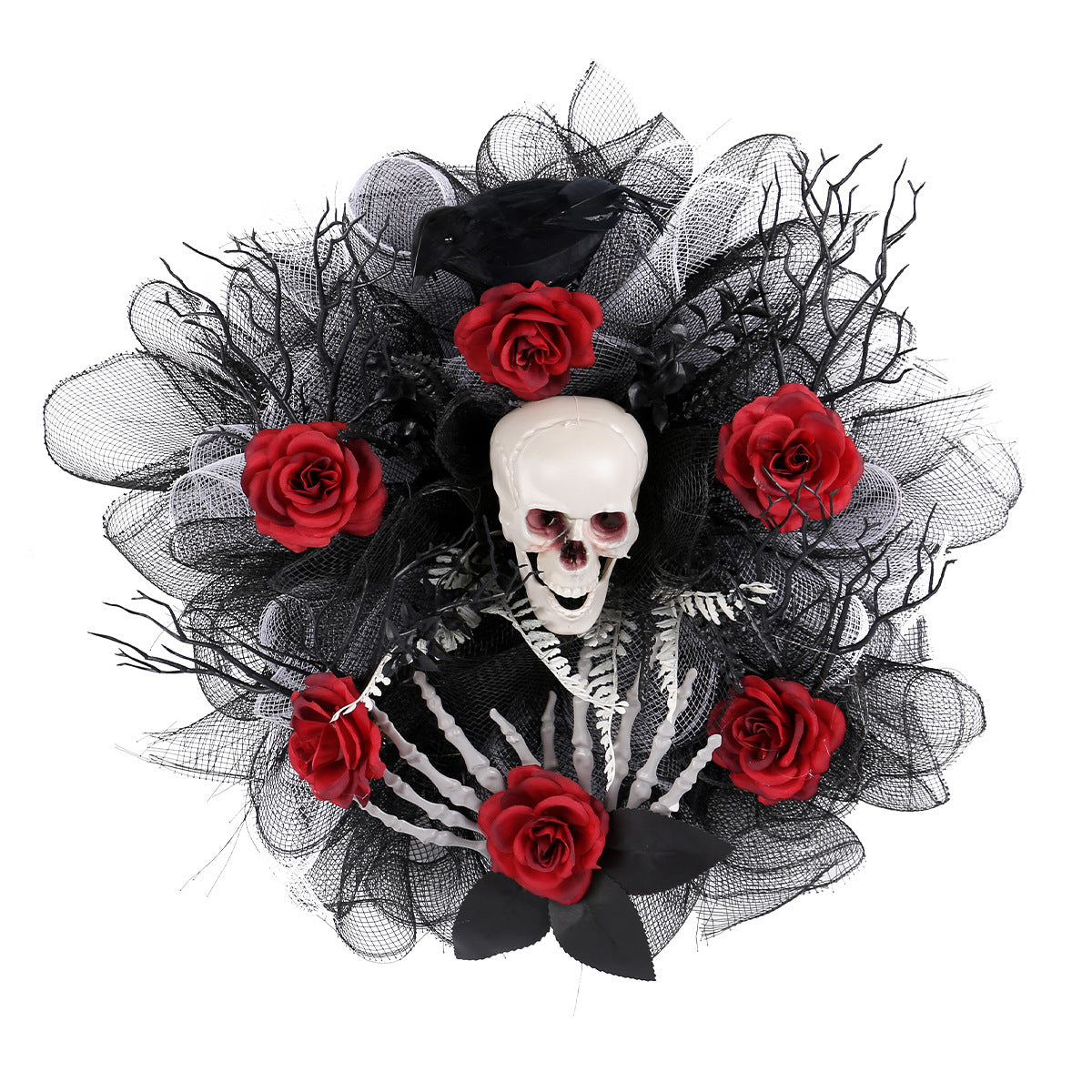 Skull and Roses Halloween Style Wreath in Red, Black and Gray