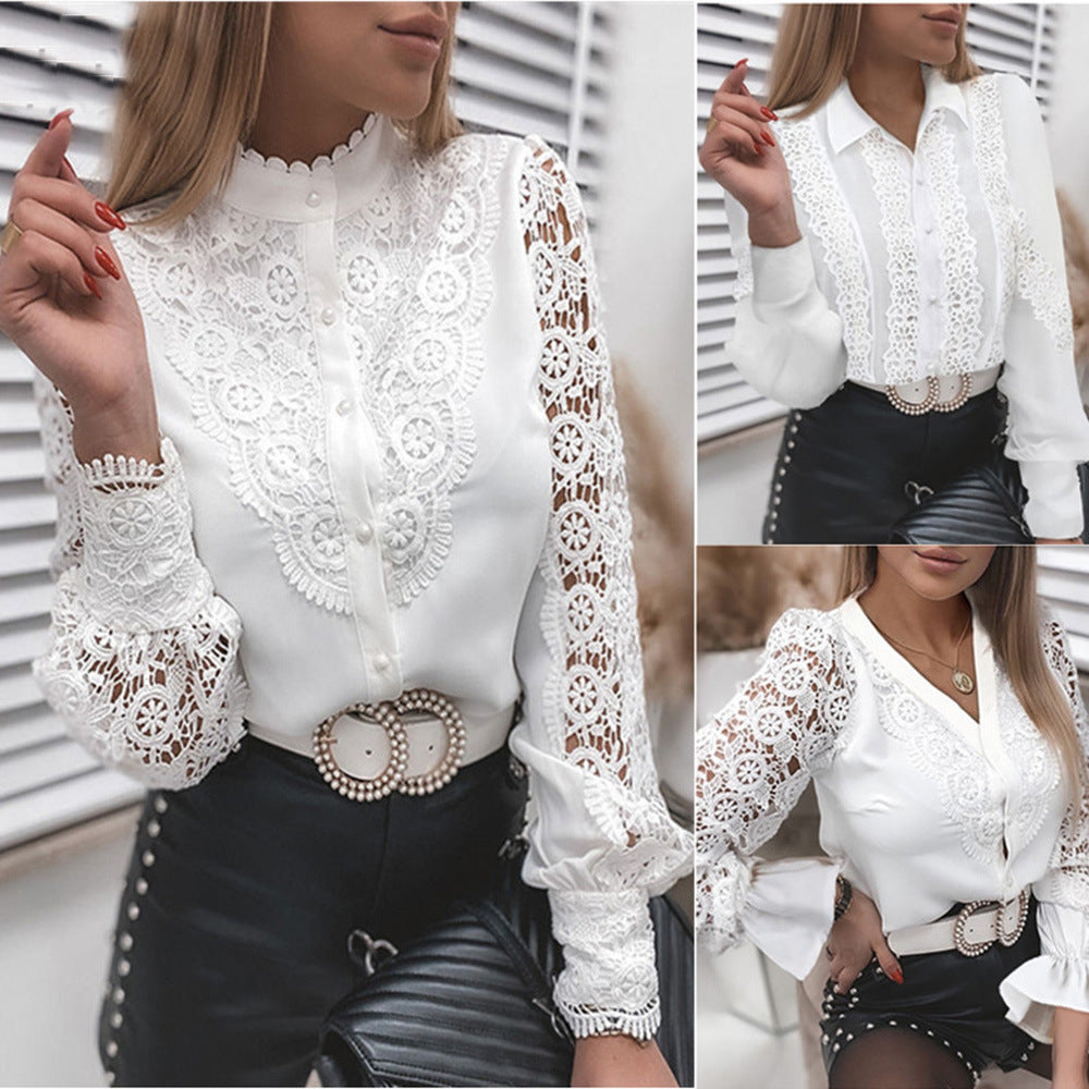 Wish Bestseller Arrival Solid Color Lace V-Neck Cardigan Women's Shirt