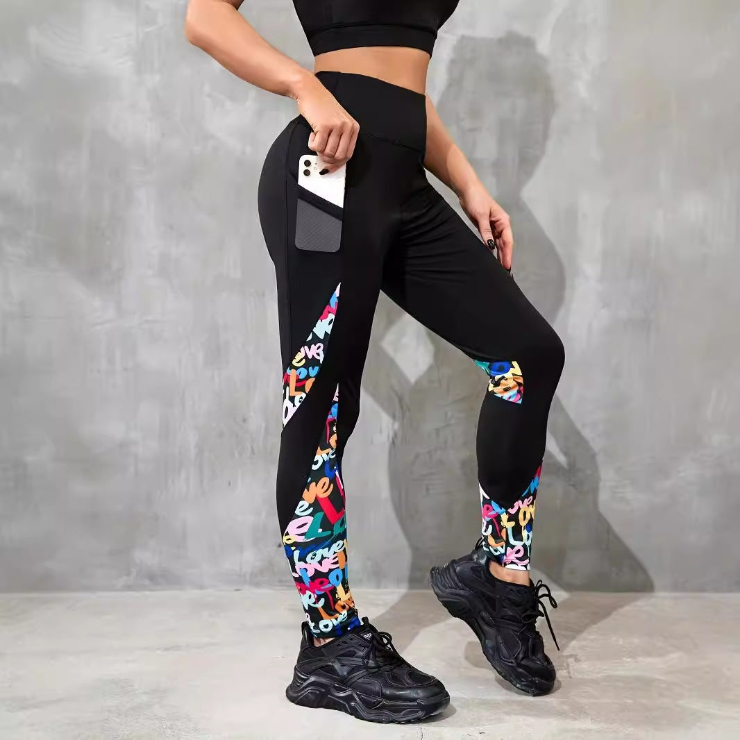 Color Contrast Patchwork Fashion Hip Raise High Waist Tight Sports Yoga Pants Leggings
