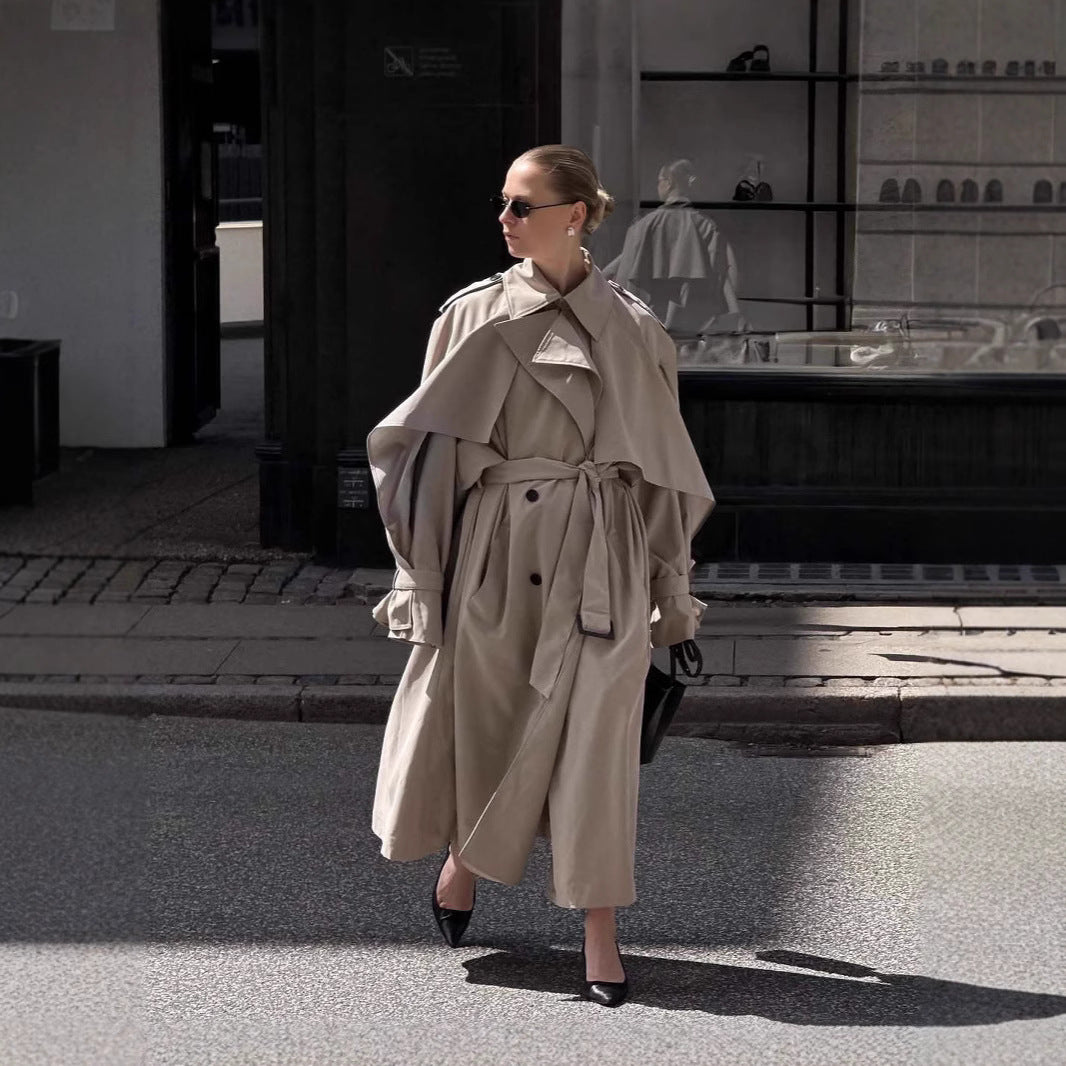 Women's Long Khaki Belted Cape Trench Coat