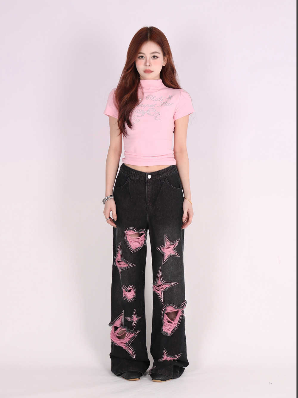 Tattered Wide-Big-Jeans mit Retro Love Patchwork