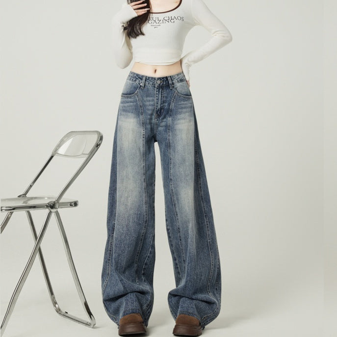 女性向けのハイストリートレトロブルーワイドレッグジーンズ