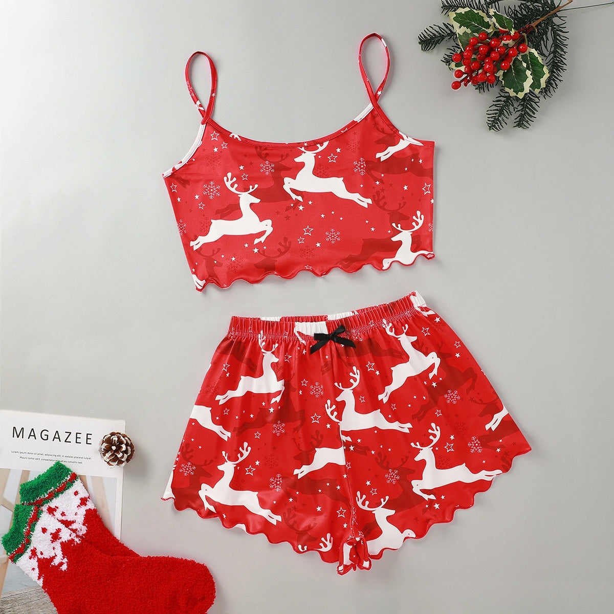 Women's Adorable Two Piece Christmas Pajama Crop Top and Shorts Set