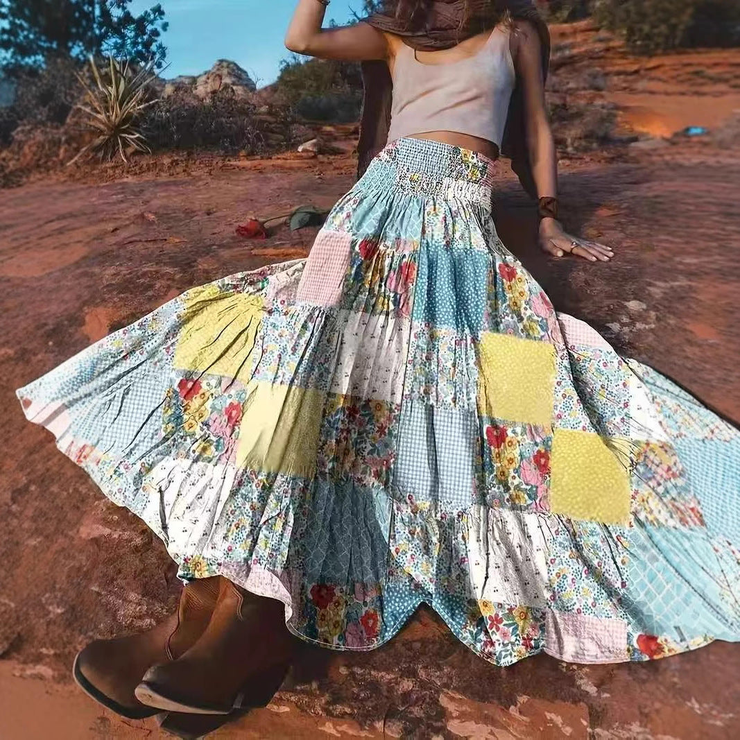 Gedrukte stikselde bloemen lange rok voor populaire dagelijkse kleding