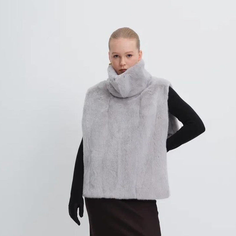 Half?Turtleneck Sleeveless Faux Fur Patchwork Slim Fit Vest