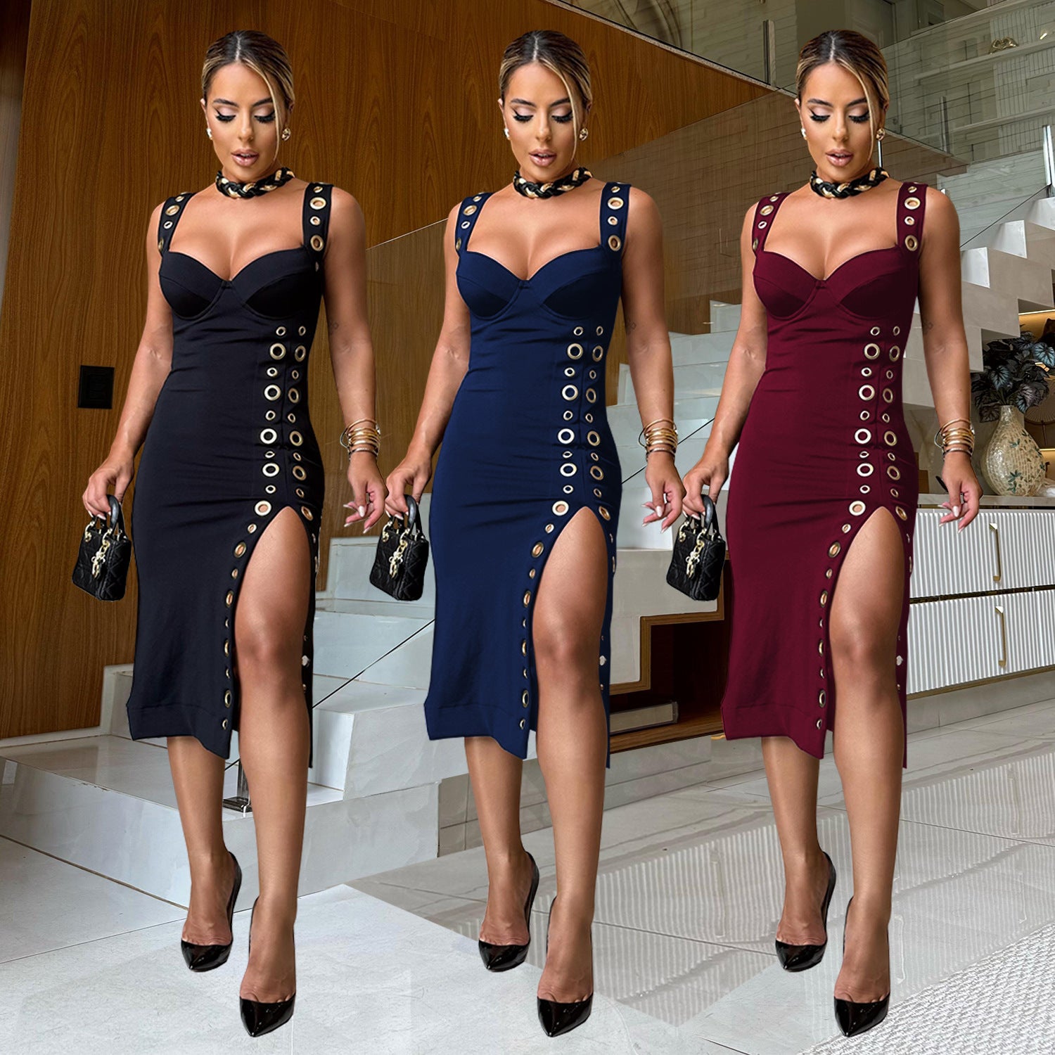Gaun bodycon kancing dekoratif ramping untuk glamor malam