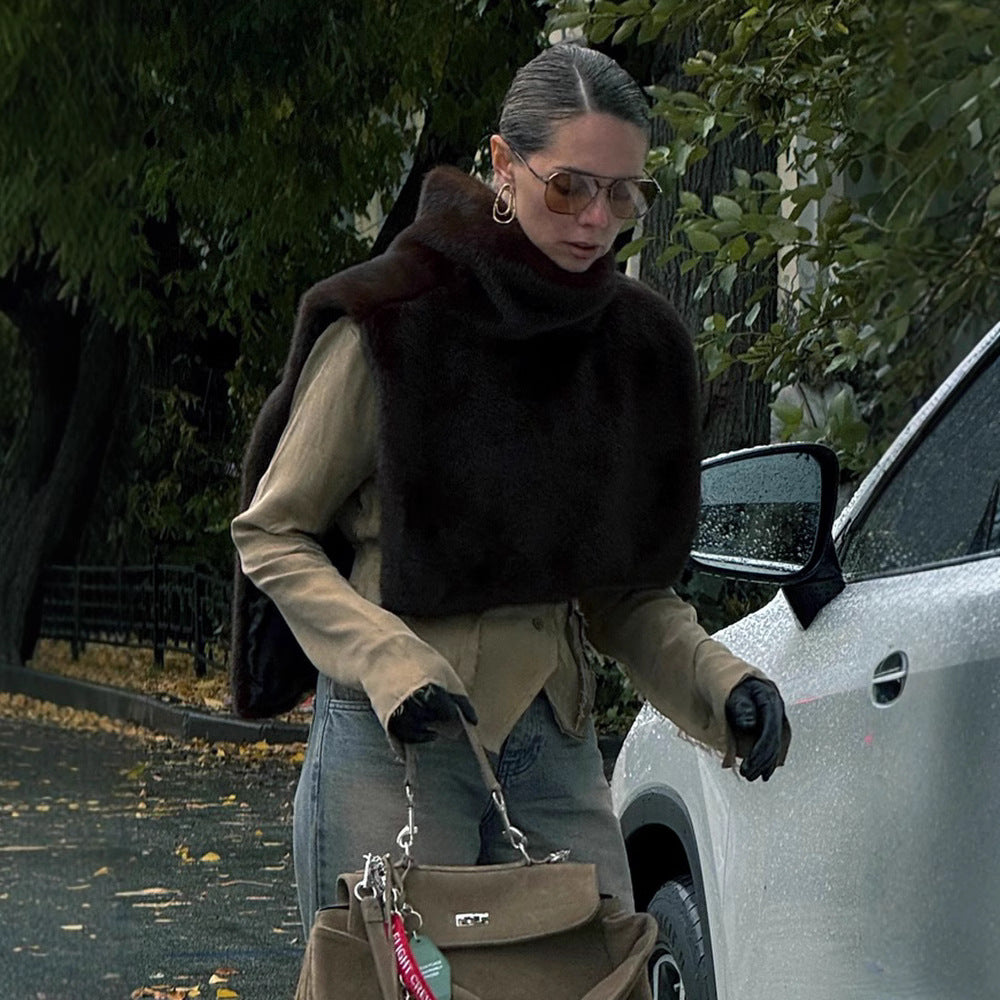 Half?Turtleneck Sleeveless Faux Fur Patchwork Slim Fit Vest