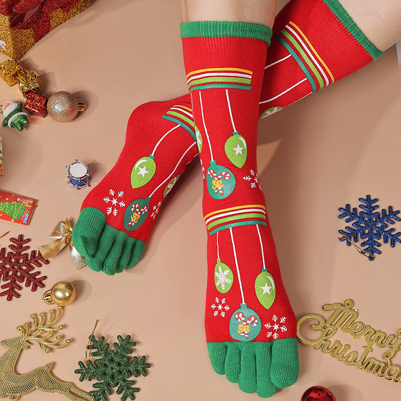 Lightweight Soft Crew Socks with Five Toes in Christmas Patterns