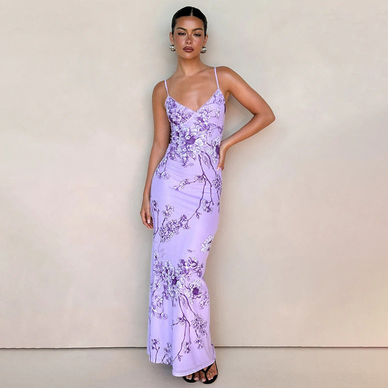 Gaun bodycon cetak ungu ungu elegan untuk pesta malam