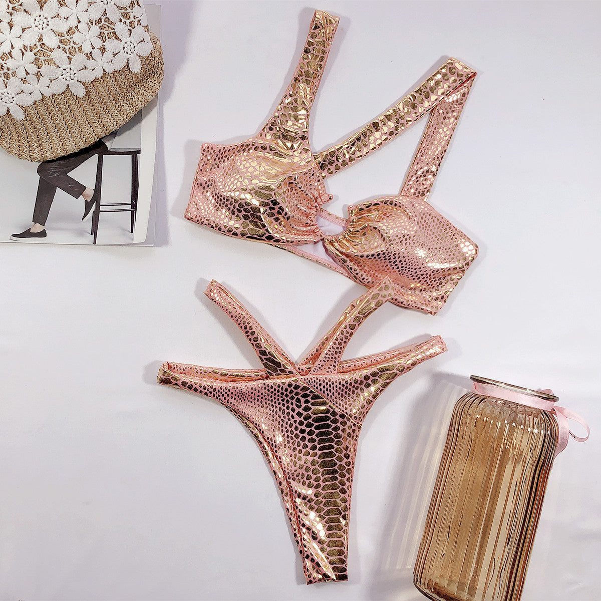 Bronzing Snake Pattern One-Piece Swimsuit for Elegant Style