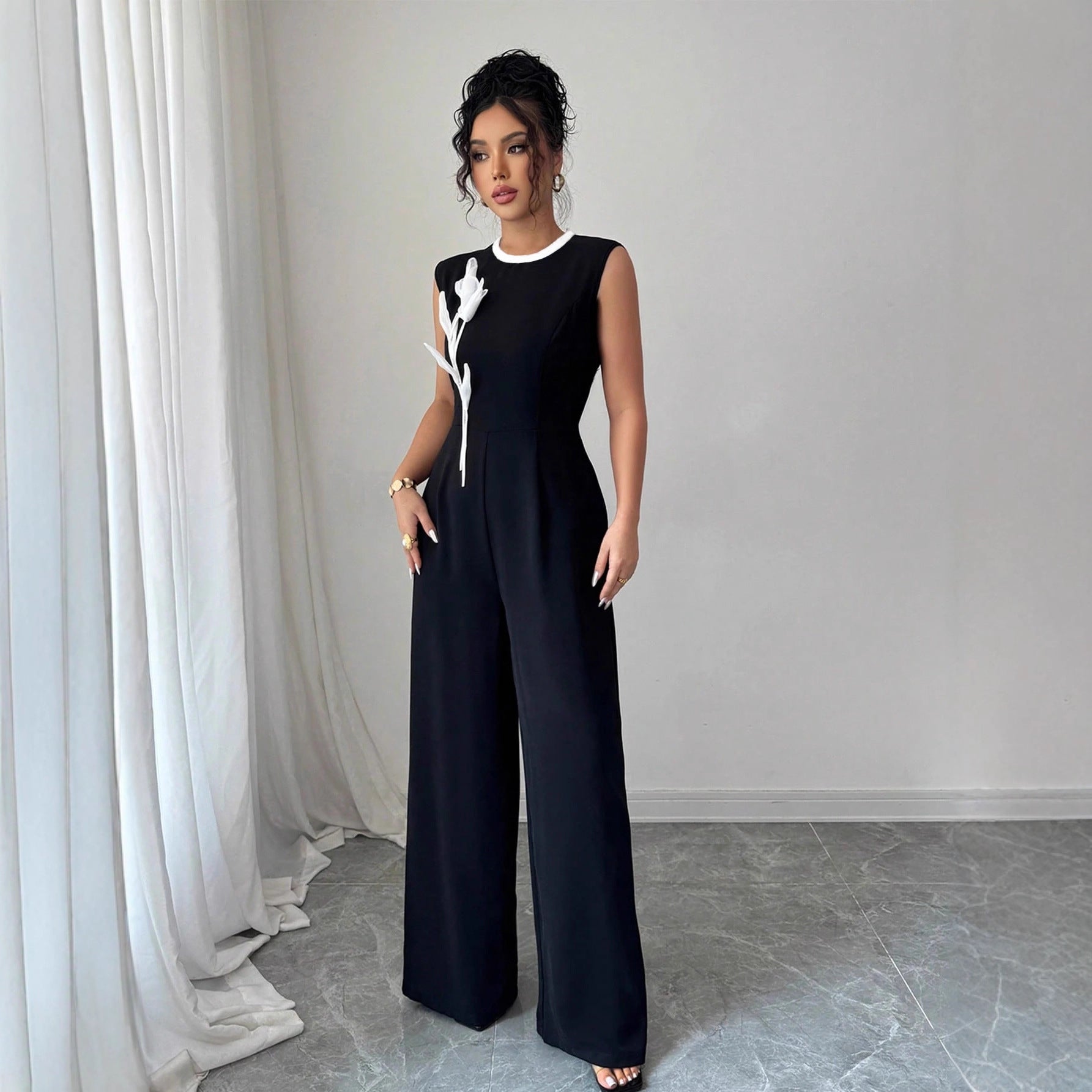 Elegant Embroidered Black Crew-Neck Sleeveless Wide-Leg Jumpsuit