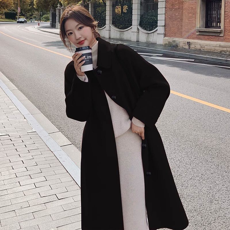 Loose-fit, Turn-down Collar, Double-faced Wool Coat, Mid-length Style