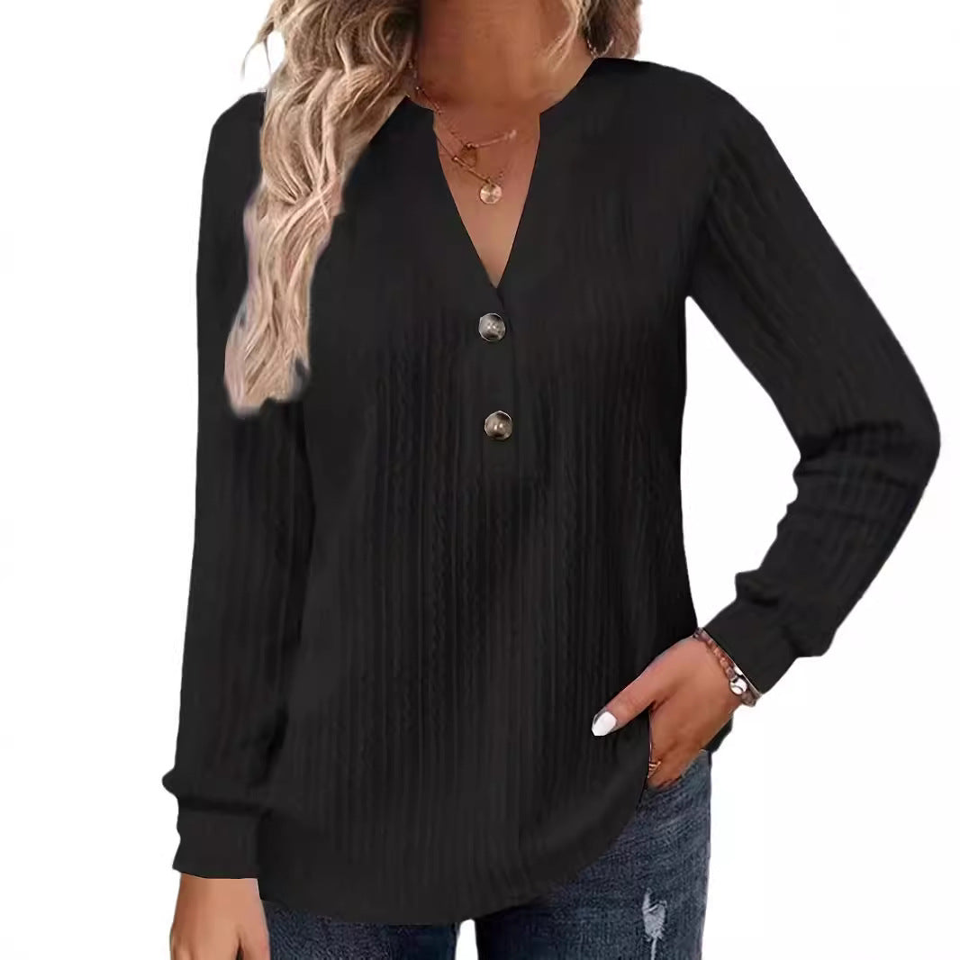 Women's Solid-color Long-sleeve V-neck Button T-shirt Top