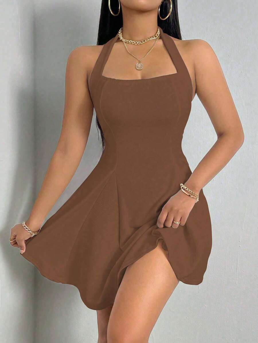 Vestido sem mangas sem mangas de cor pura para o minimalismo chique