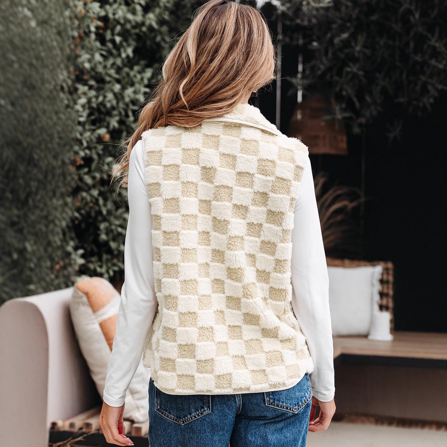 Khaki Grid Sleeveless Casual Vest For Women