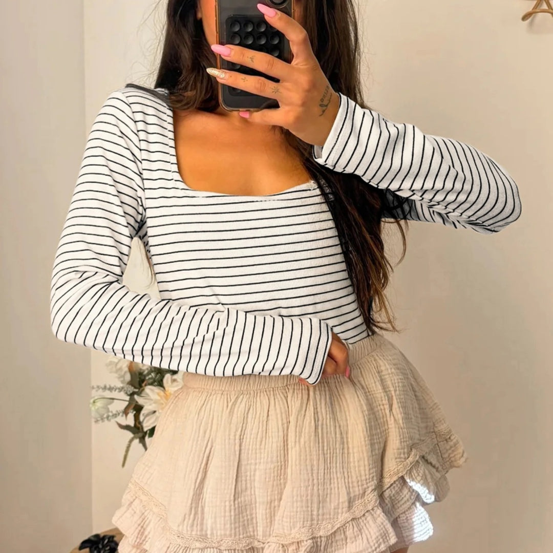 Women's Striped Slim-fit U-neck Long-sleeve Top