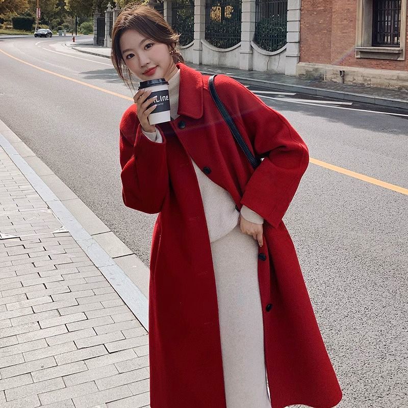 Loose-fit, Turn-down Collar, Double-faced Wool Coat, Mid-length Style