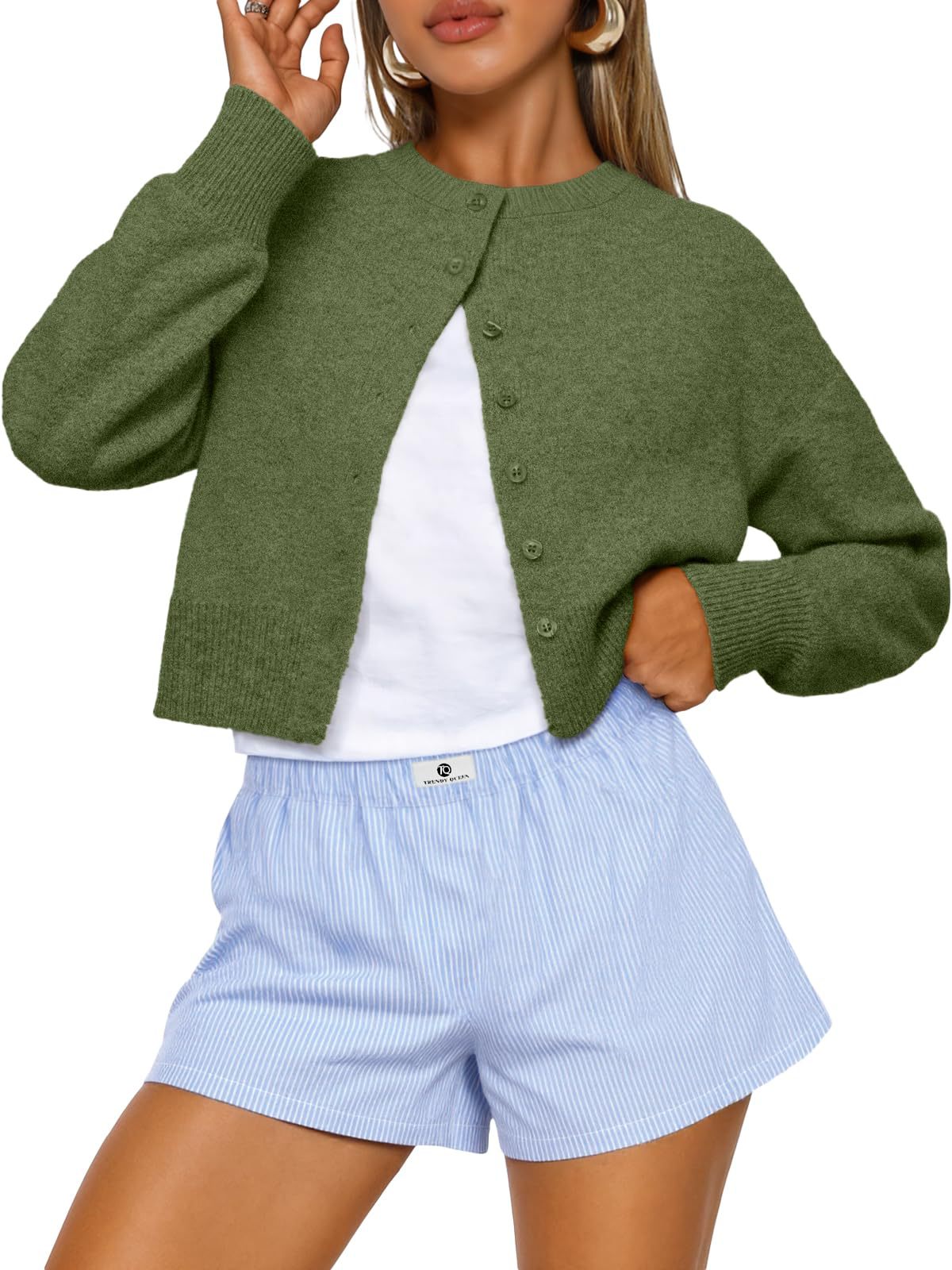 Buttoned Long-sleeve Crew-neck Solid-color Cropped Knit Sweater