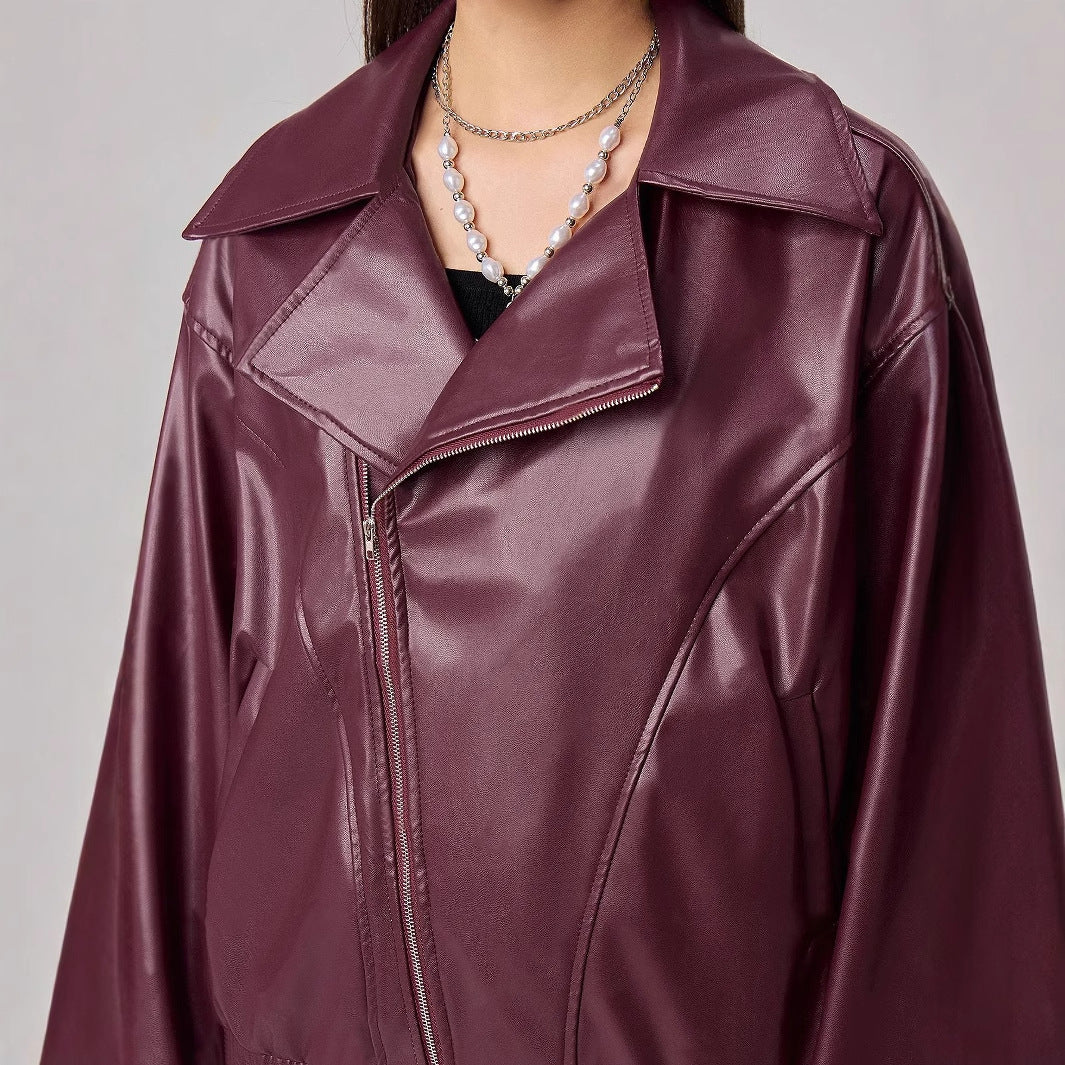 Loose Fit Long Sleeve PU Leather Jacket For Women