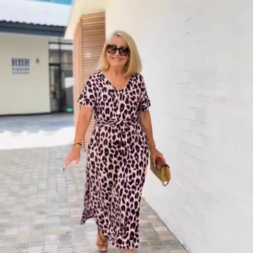 Leopard print short short lengan v-neck gaun untuk pesona liar