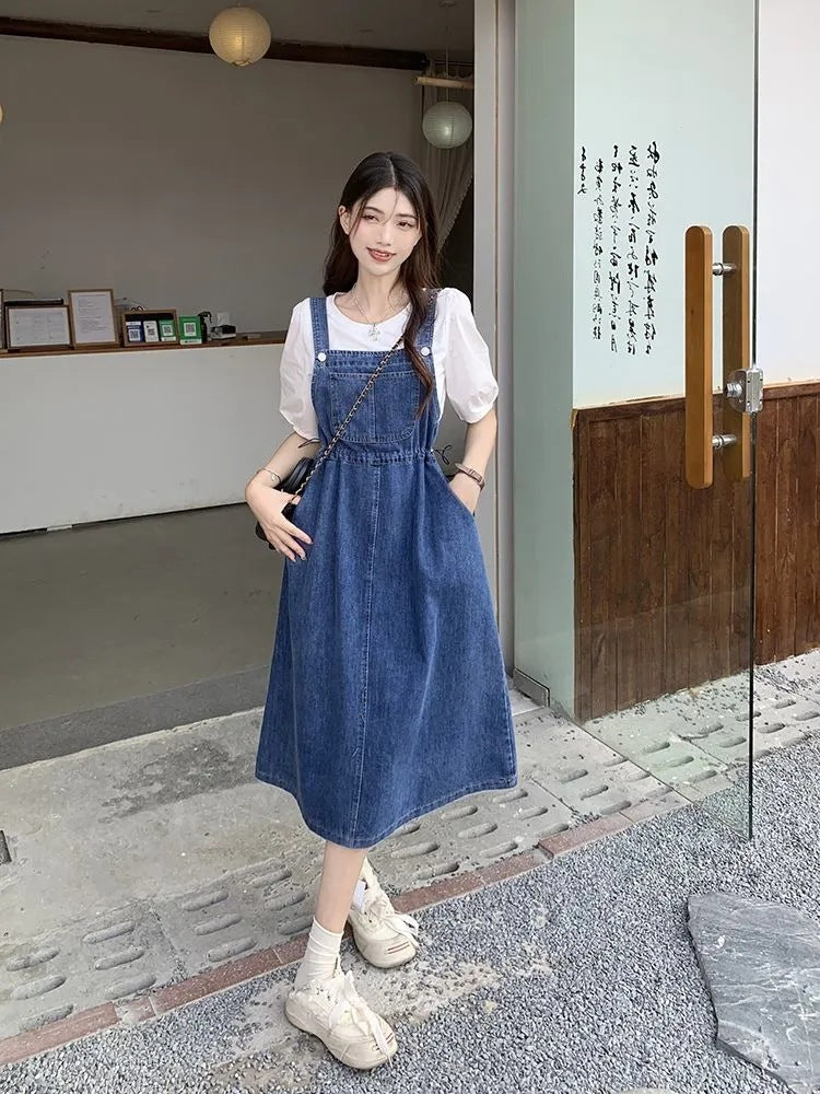 Mid Length Denim Overall Dress With Adjustable Straps For Summer