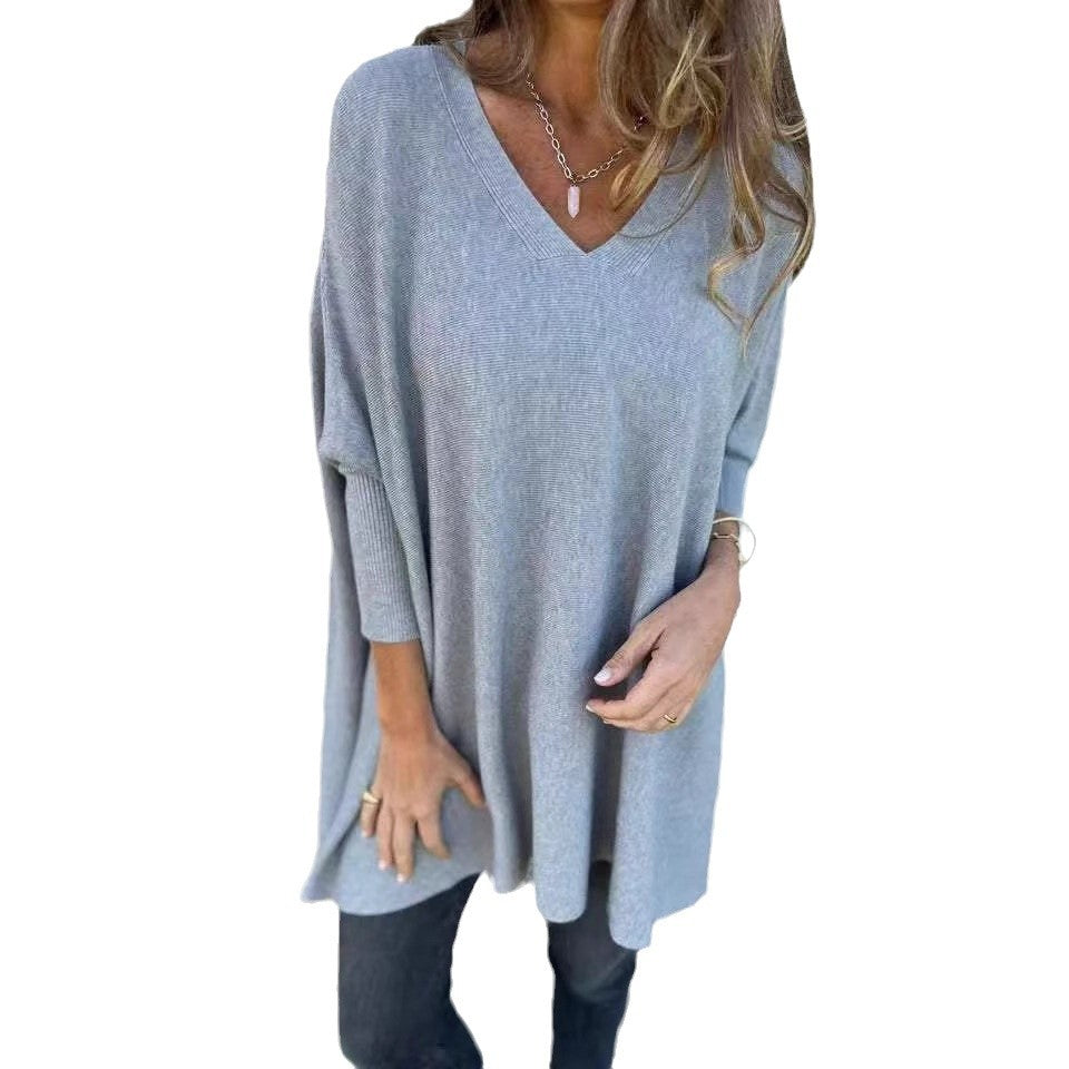 Autumn Winter Knitted V Neck Long Sleeve Loose Top For Women