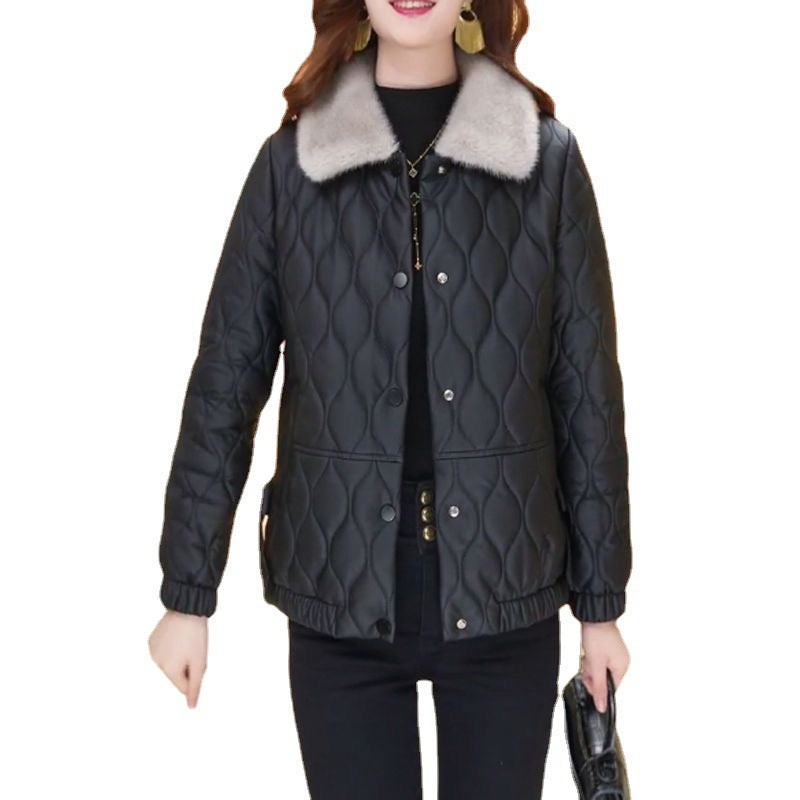 Short PU Down Jacket Women's Warm Fur Collar Winter Coat