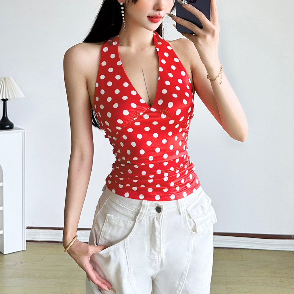 Polka Dot Halter Neck Bodycon Tank Top For Women