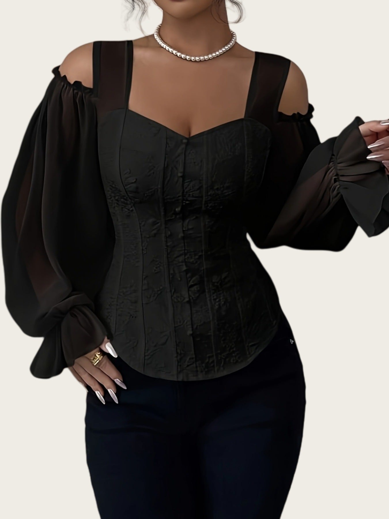 Elegant Off-Shoulder Floral Jacquard Puff-Sleeve Blouse